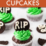 Chocolate cupcakes with green frosting and oreo cookie headstones on top