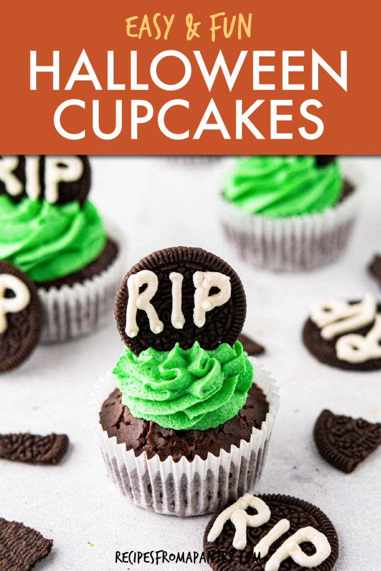 Chocolate cupcakes with green frosting and oreo cookie headstones on top