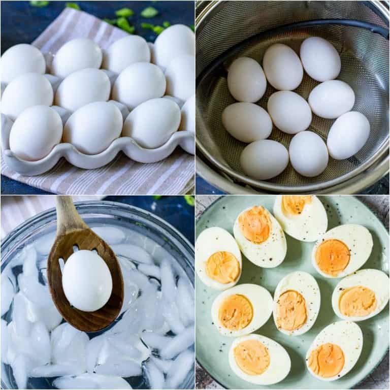image collage showing the steps for making instant pot eggs