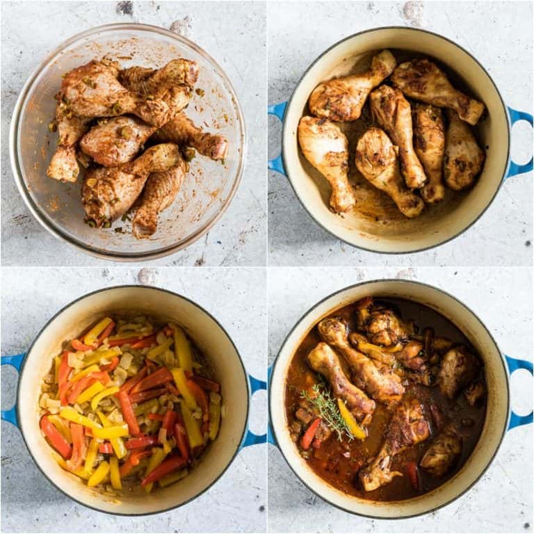 image collage showing the steps for making Jamaican brown stew chicken