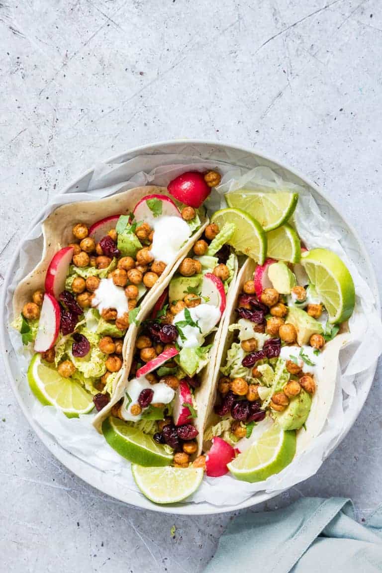 close up of air fryer chickpea tacos in a bowl