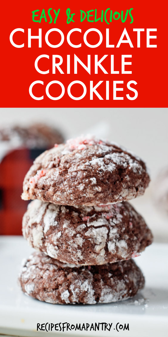 a vertical stack of chocolate crinkle cookies