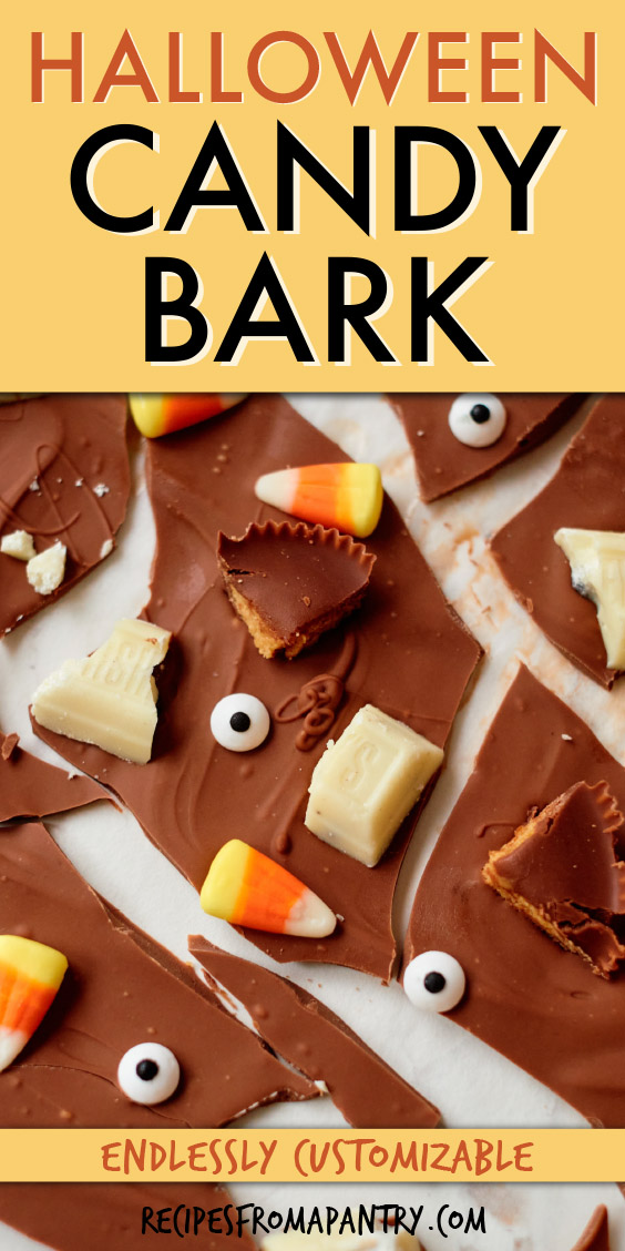 close up of broken bits of chocolate bark with halloween candy