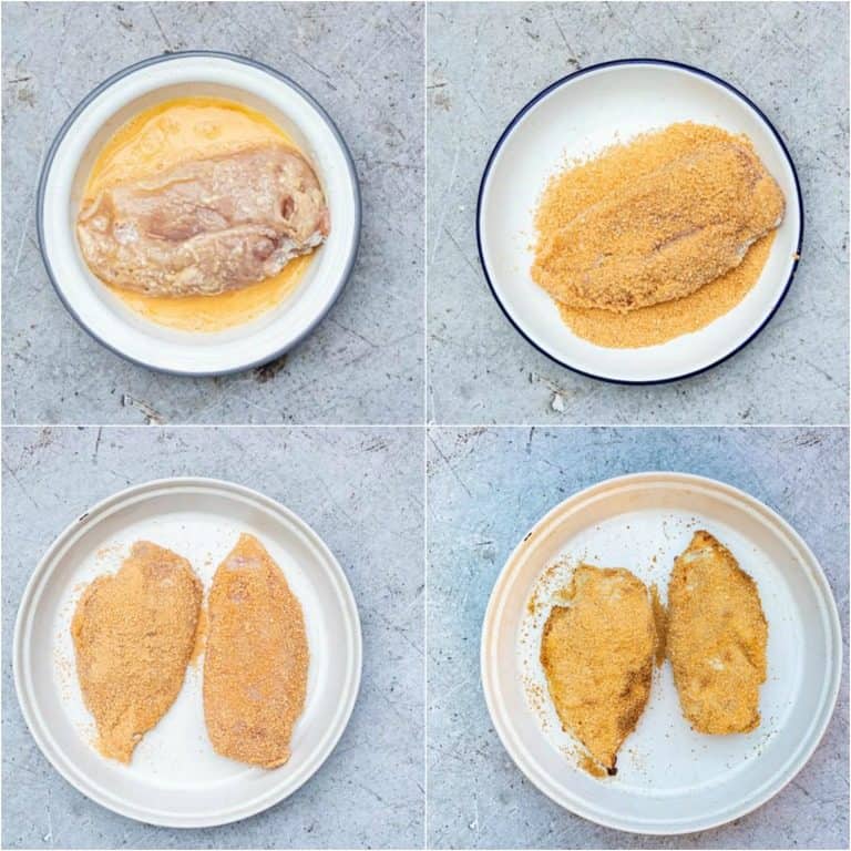 image collage showing the steps to learn how to bread chicken
