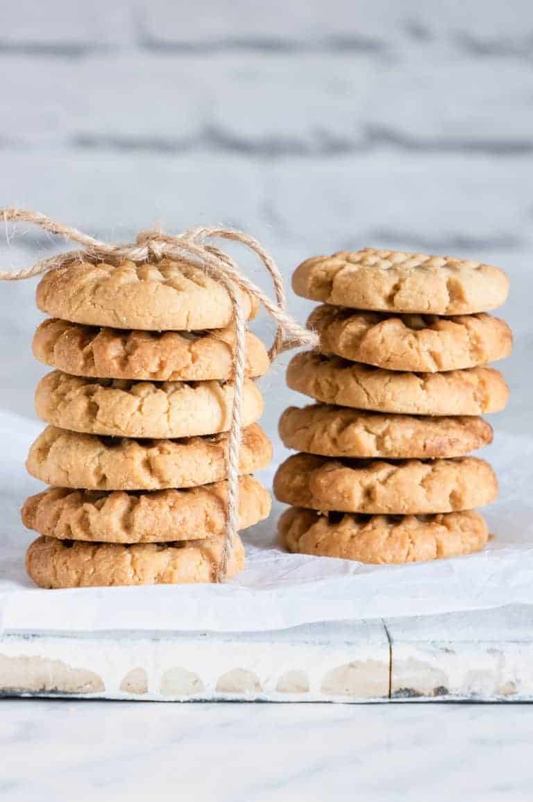 2 stacks of low carb peanut butter cookies on a table