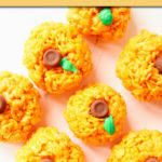 horizontal rows of pumpkin shaped rice krispies treats