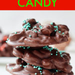 a vertical stack of four chocolate christmas candies with sprinkles