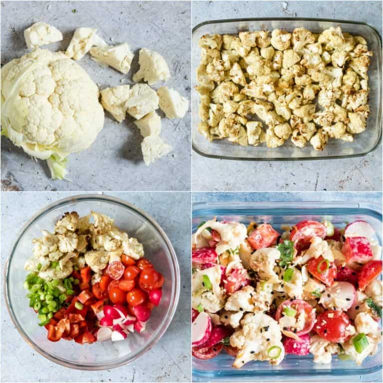 image collage showing the steps for making cauliflower salad recipe