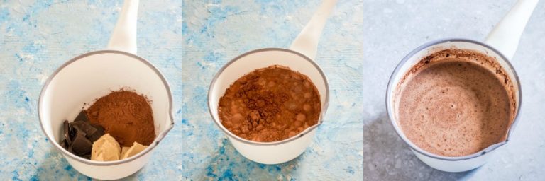 making vegan hot chocolate with peanut butter collage