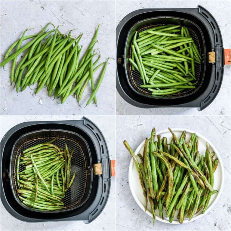 image collage showing the steps for making air fryer green beans