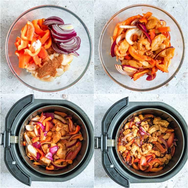 image collage showing the steps for making air fryer chicken fajitas