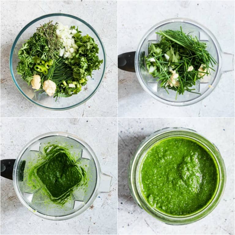 image collage showing the steps for making Jamaican green seasoning