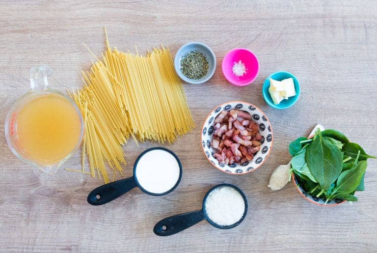 all of the ingredients needed to make Instant Pot Creamy Bacon Pasta