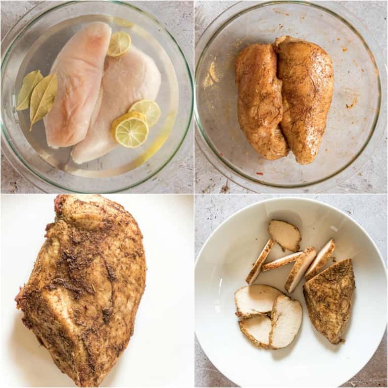 image collage showing the steps for making smoked chicken breast