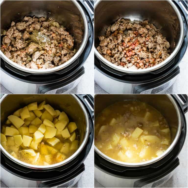 image collage showing the first set of steps for making Instant Pot Zuppa Toscana