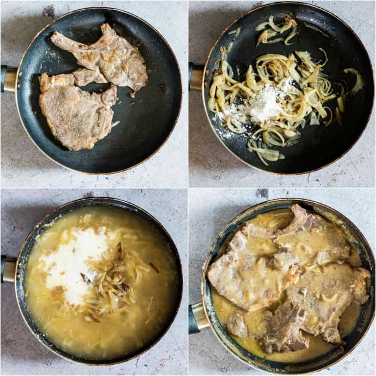 image collage showing the steps for making smothered pork chops