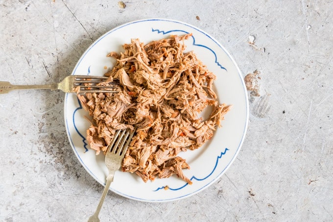 shredded pork on a white plate with blue decorations to be used in campfire stew