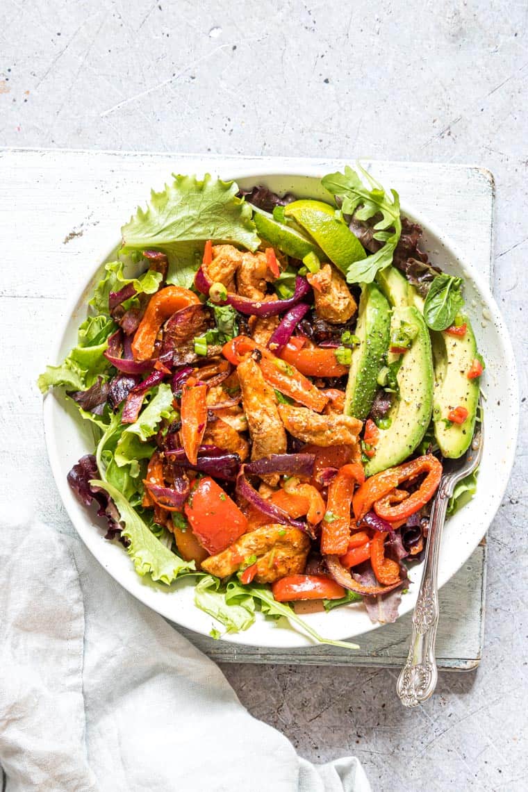 chicken fajita salad in a bowl and ready to serve