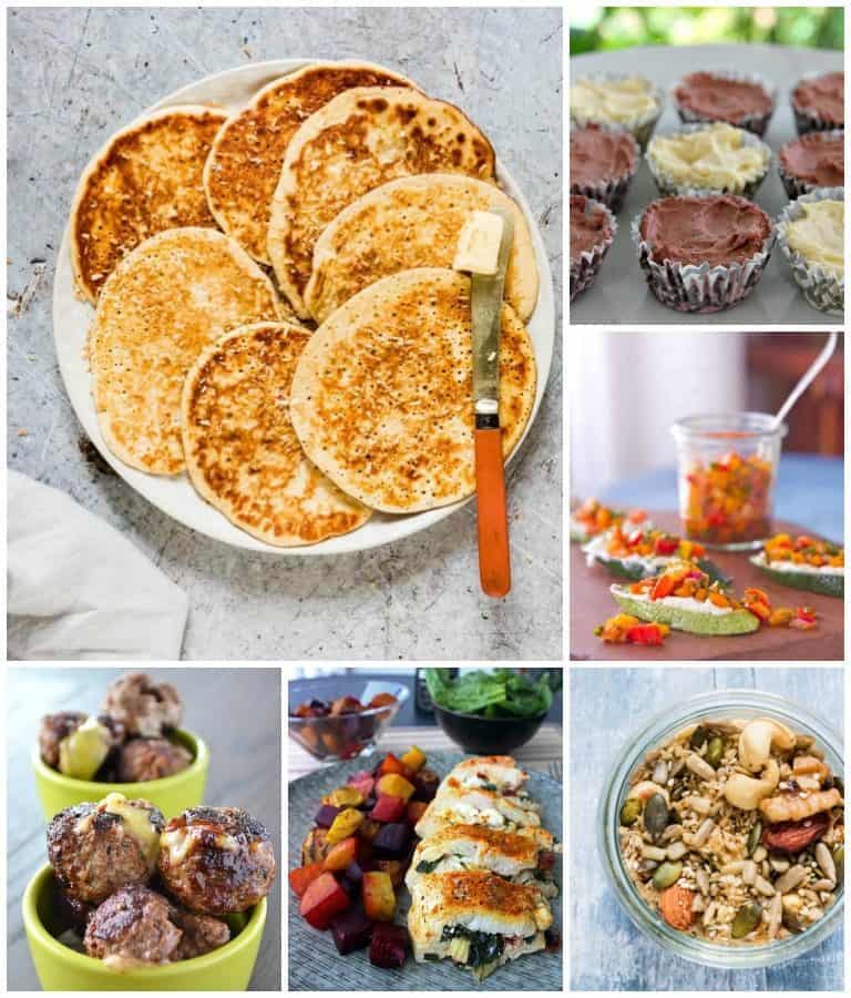 roundup of six photos of keto snacks including pancakes, meat balls, keto granola