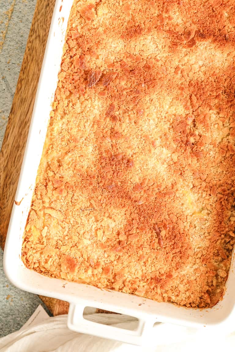 top down view of a baked yellow squash casserole