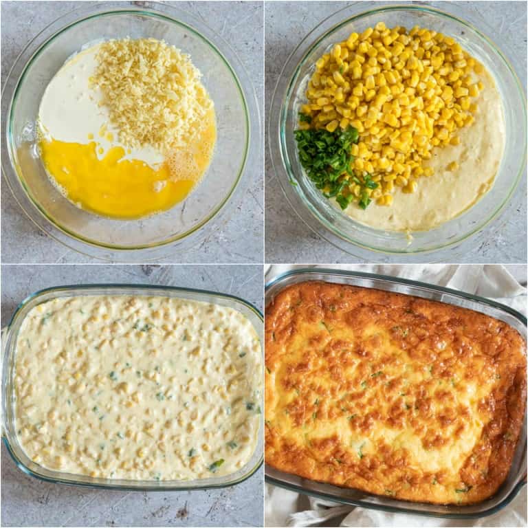 image collage showing the steps for making corn pudding casserole