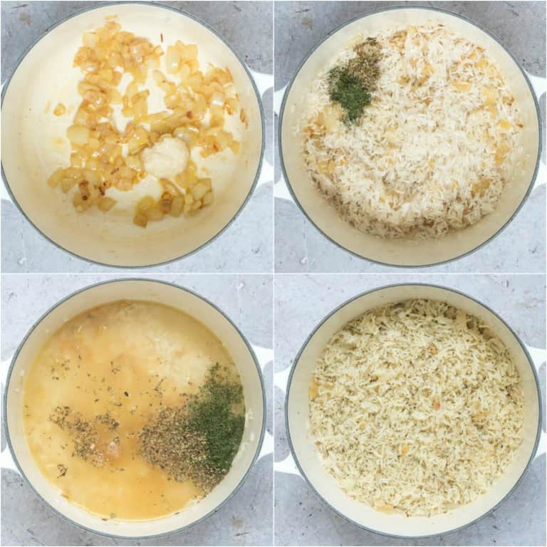 image collage showing the steps for making greek rice