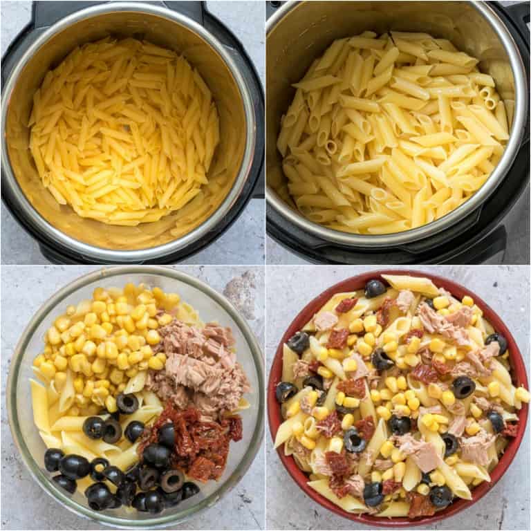 image collage showing the steps for making instant pot tuna pasta salad