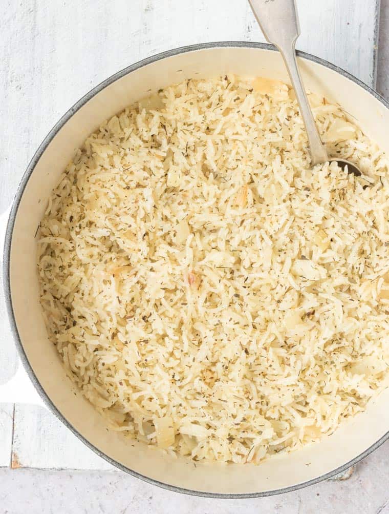 close up view of greek rice pilaf