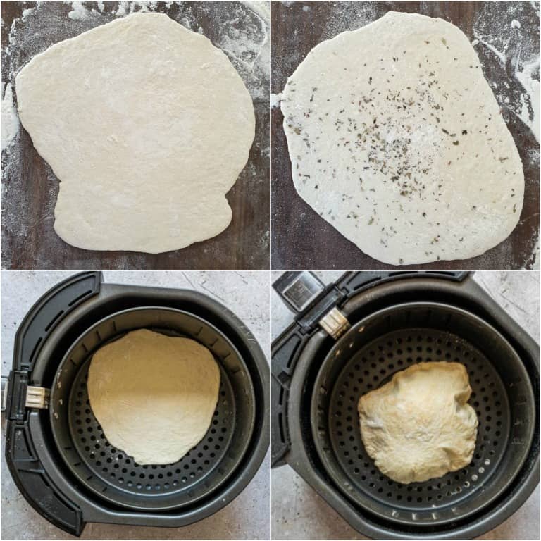image collage showing the final steps for making air fryer flatbread