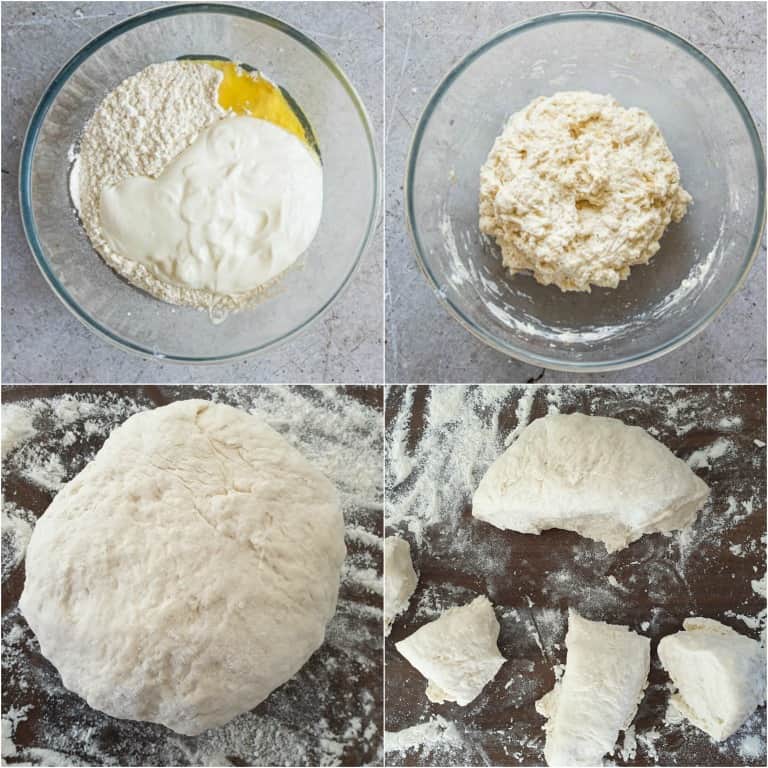 image collage showing the first steps of the flatbread recipe