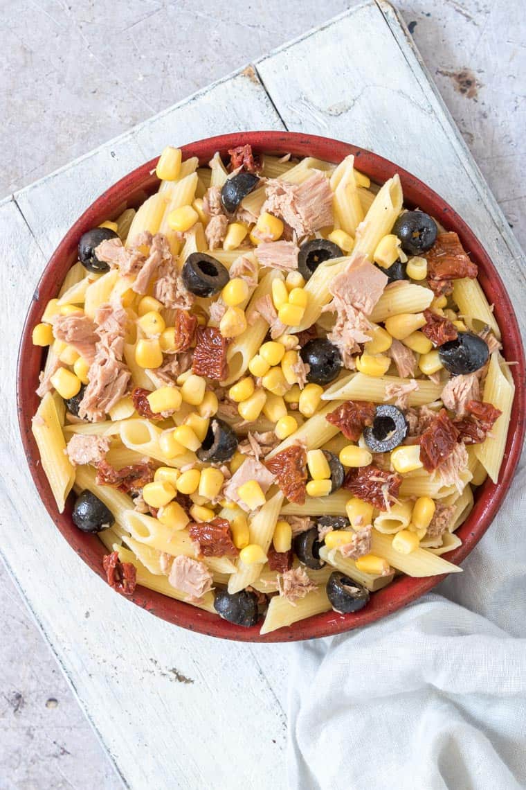 top down view of the completed tuna pasta salad recipe