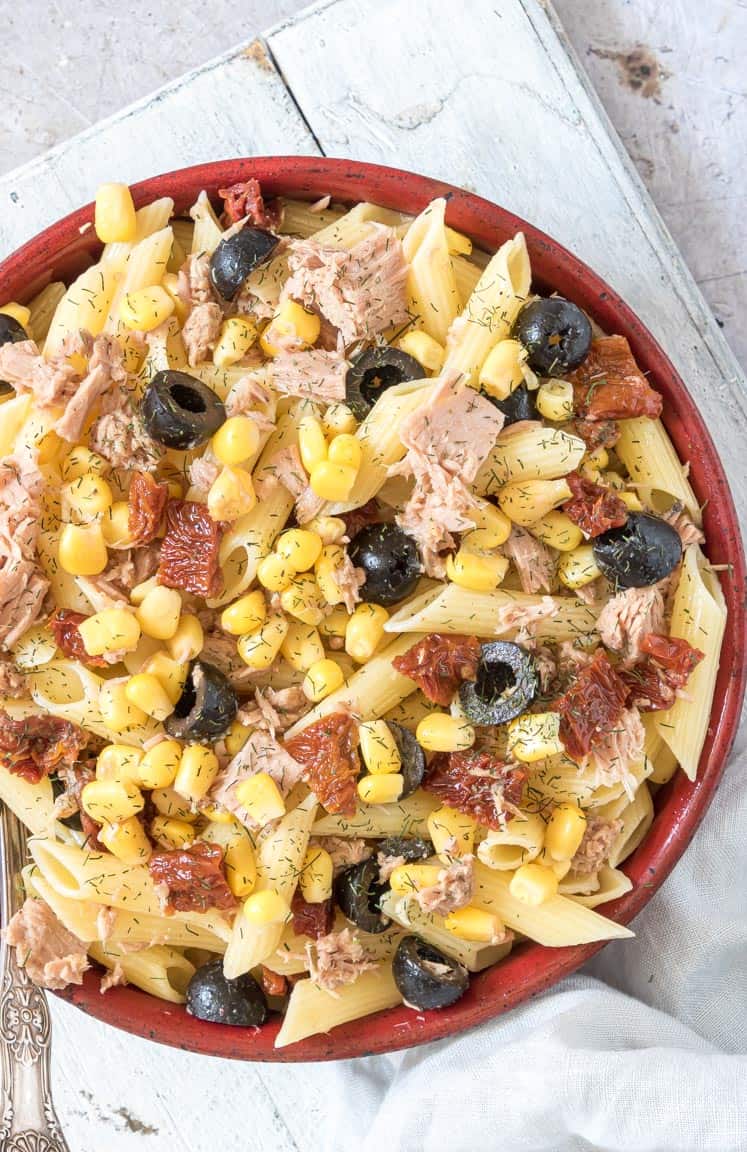 close up view of instant pot tuna pasta salad recipe
