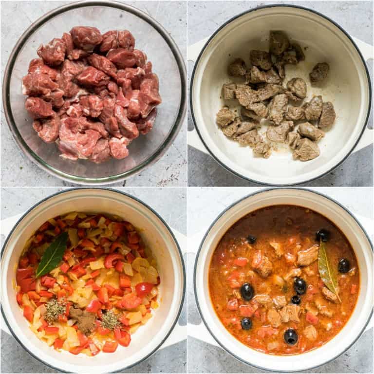 image collage showing the steps for making mediterranean lamb stew