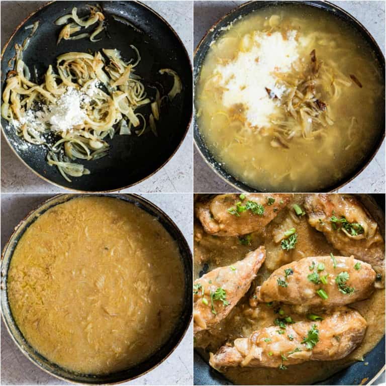 image collage showing the steps for making smothered chicken