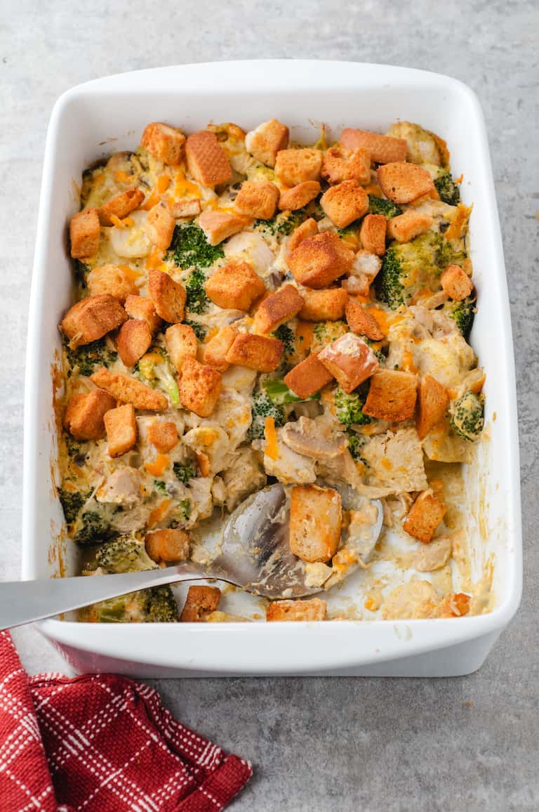 chicken broccoli casserole with one serving removed