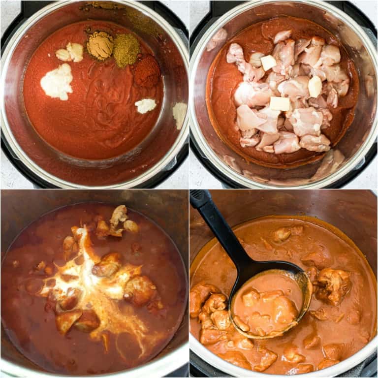 image collage showing the steps for making instant pot butter chicken