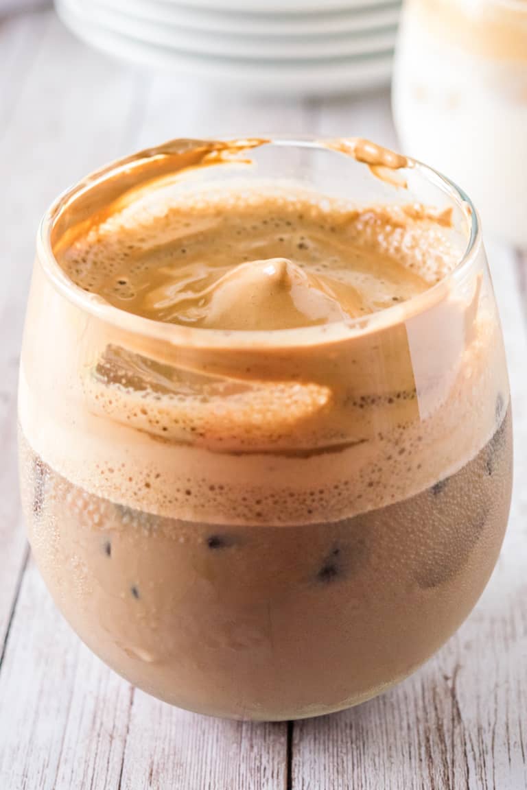 mocha whipped coffee served in a clear glass