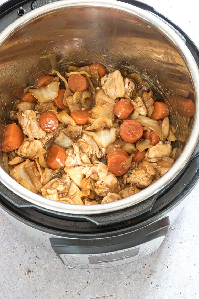 cooked chicken hibachi dinner inside the instant pot insert