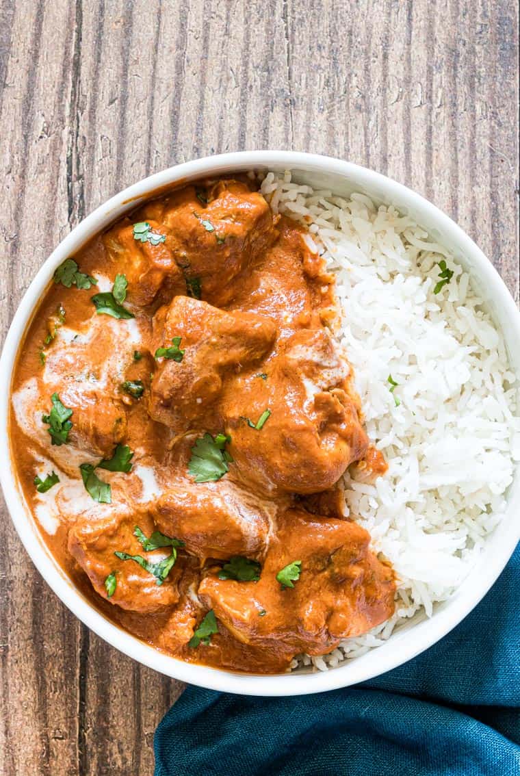 top down view of instant pot butter chicken served with rice