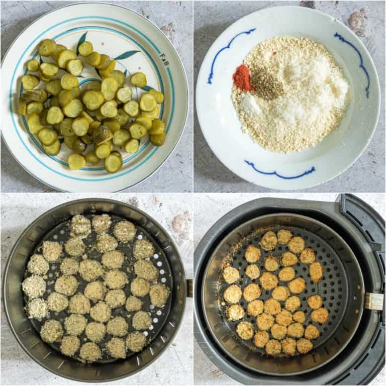 image collage showing the steps for making air fryer fried pickles