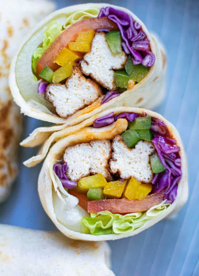 closer up view of a finished air fryer tofu wrap