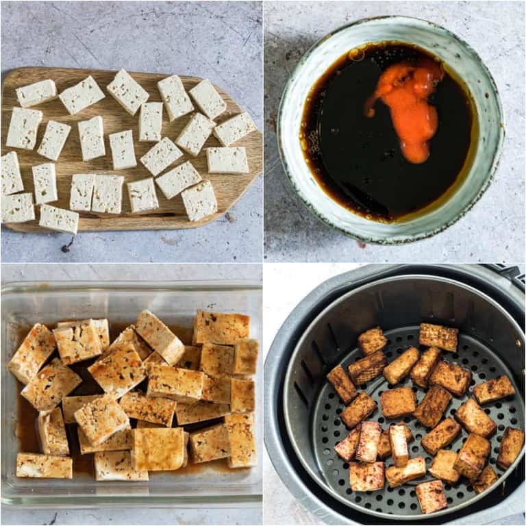 image collage showing the steps for making air fryer tofu