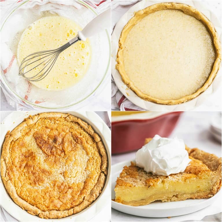 image collage showing the steps for making Bourbon Buttermilk Pie