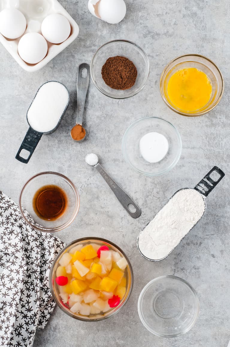 the ingredients needed for making fruit cocktail cake