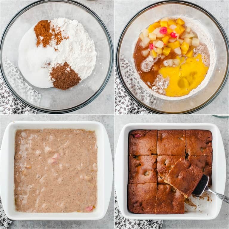 image collage showing the steps for making fruit cocktail cake