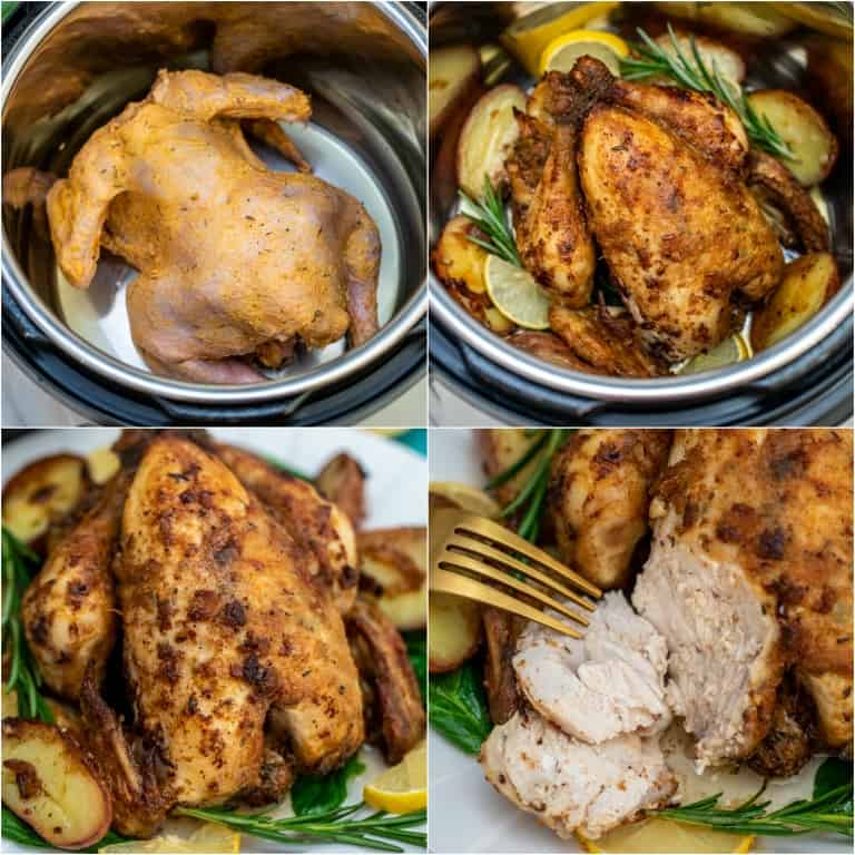 image collage showing the steps for making instant pot cornish hen with gravy