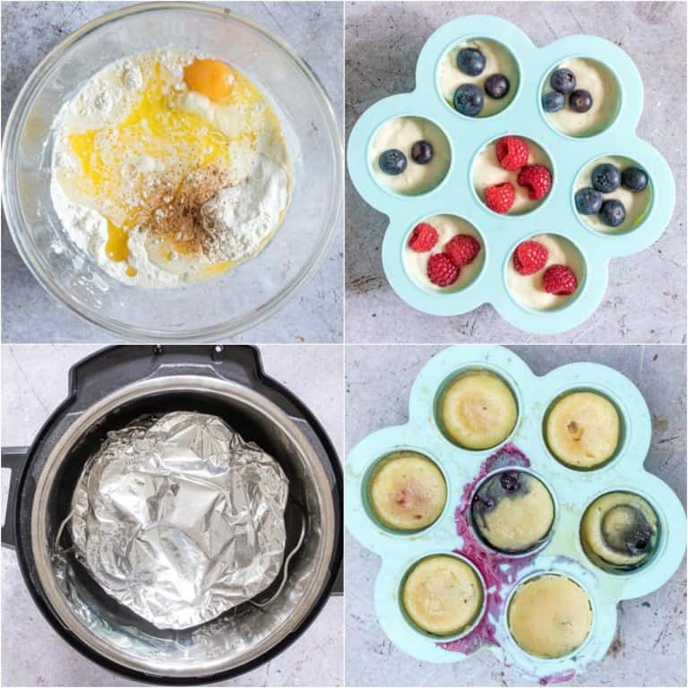 image collage showing the steps for making instant pot pancake bites