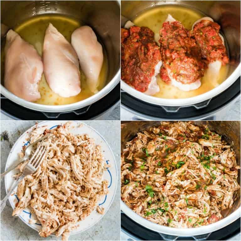 image collage showing the steps for making instant pot shredded chicken