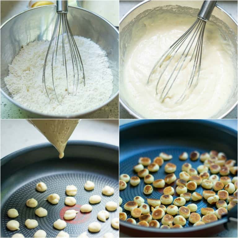 image collage showing the steps for making mini pancakes pancake cereal