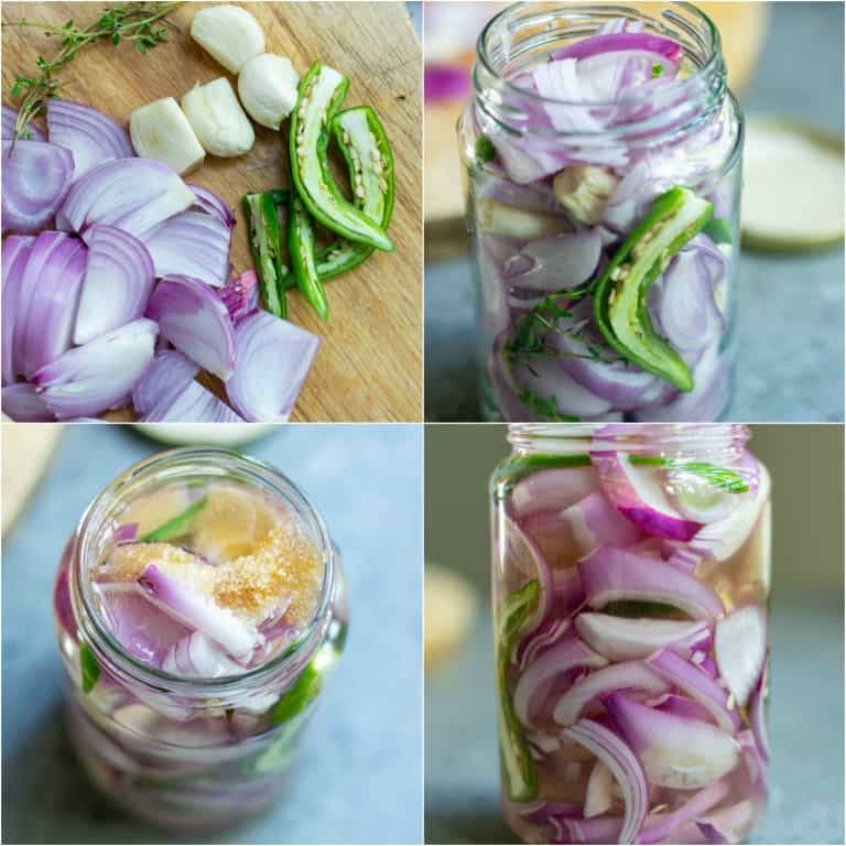 image collage showing the steps for making pickled onions